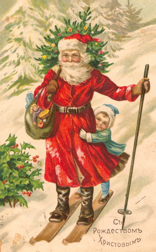 Дед Мороз с ребёнком на дореволюционной рождественской открытке